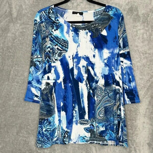 Sea & Anchor M Medium Shirt Top Blue White Paisley 3/4 Sleeve Scoop Neck Stretch